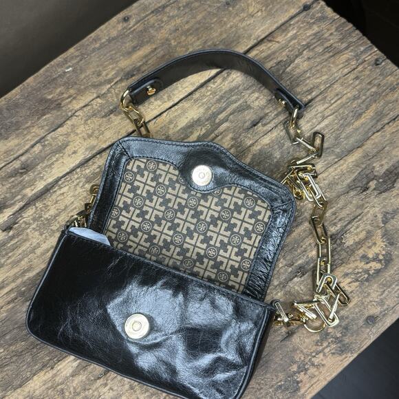 Tory Birch Amanda Black Mini Clutch Crossbody Gold Chain Removable Strap Leather - Picture 13 of 16